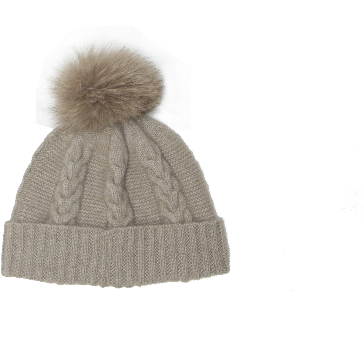 Cream White pure cashmere fur pom pom cable knit beanie hat