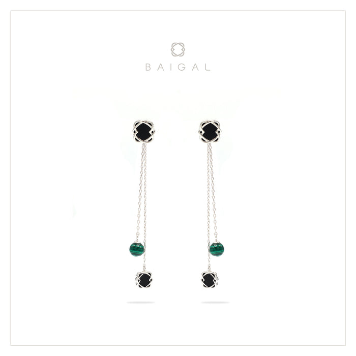 925 Sterling Silver with Black Onyx Malachite White Gold Plated Dangle Earrings for Women and Girls